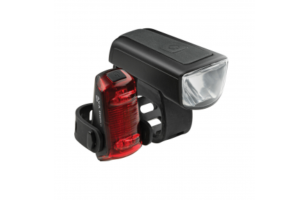 Axa DWN 30 set. Axa DWN 30, 30 lux headlight and USB rear 1 lux LED rear light. Fastening with rubber band. USB rechargeable. (hanging packaging)