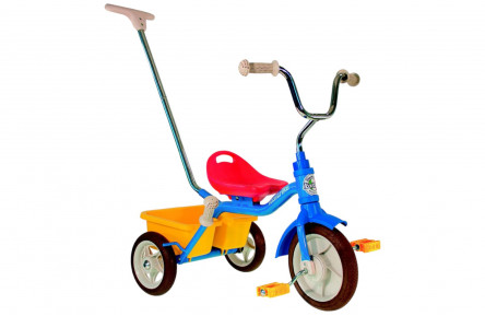 Driewieler Italtrike blauw +  bakje geel +duwstang 10"