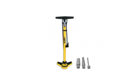 Cyclone with pressure gauge, Steel tube, plastic foot. Fits car, Dunlop and French valve. Supplied with ball and air mattress nipple